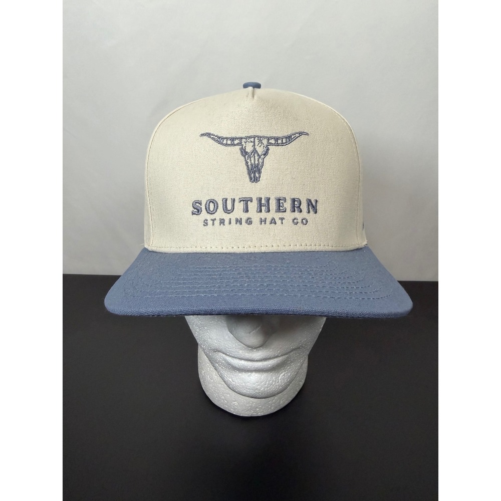 Southern String Hat Co Longhorn Skull Snapback Hat Cream Blue Two Tone Cap